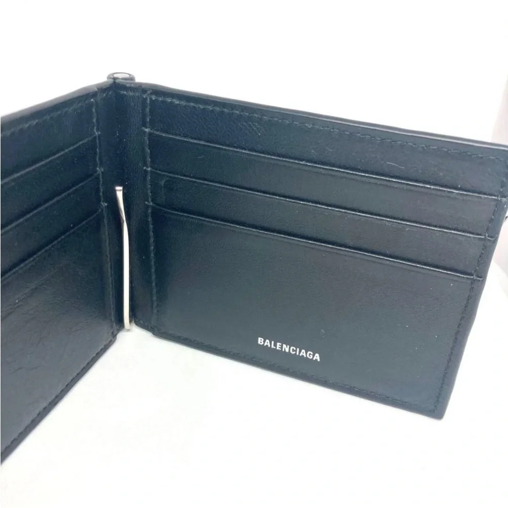 Balenciaga Navy Leather Card Holder with Silver Logo